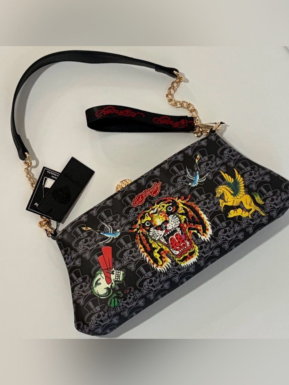 Ed Hardy Rhinestone Crossbody Shoulder Bag Wristlet Band Gold Chain Strap NWT